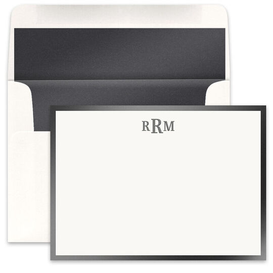 Monogrammed Metallic Bordered Flat Note Cards - Raised Ink